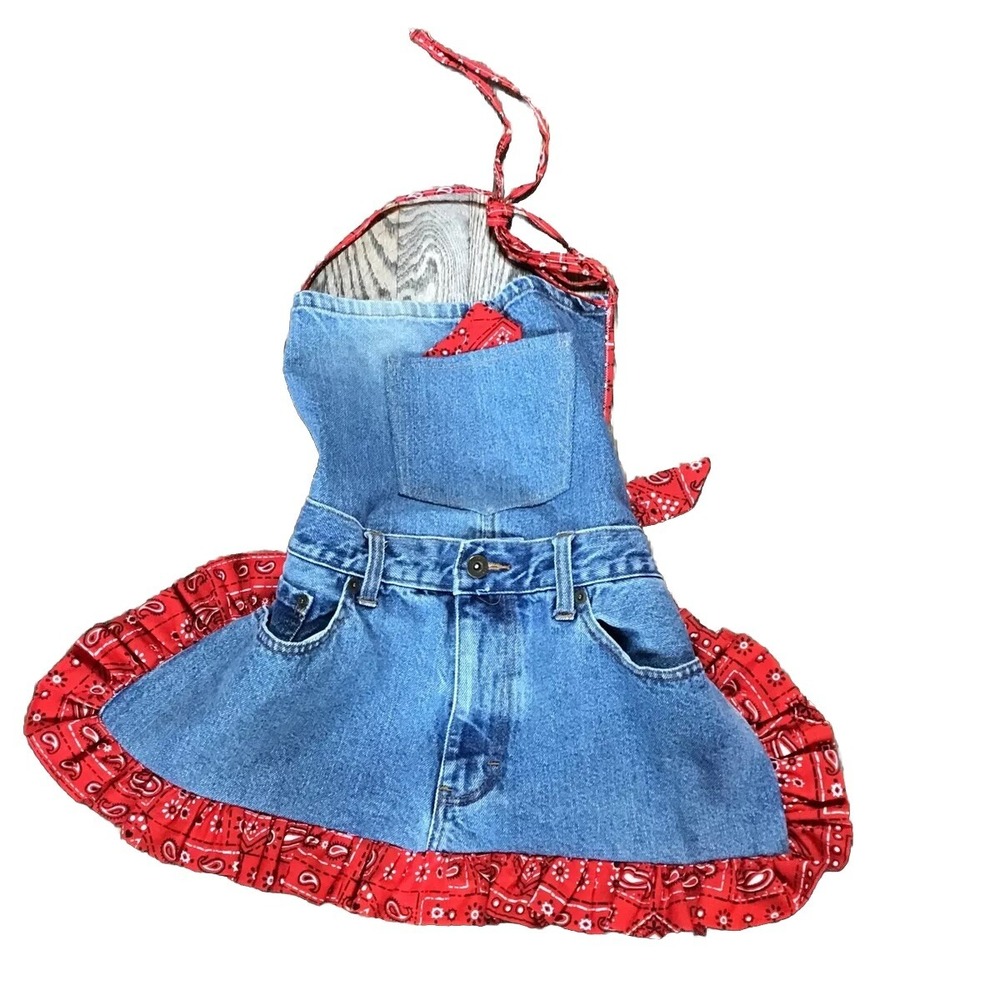 Vtg Children's  Denim Jean Bib Apron Handmade Red Bandana Trim 20"